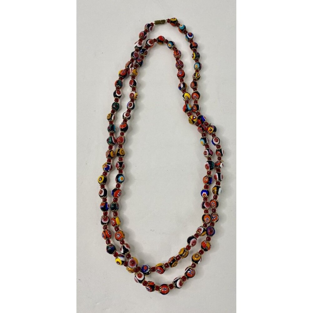 Millefiori Venetian Muranoā Beaded Glass Knotted Necklace 44 Inches Vintage
